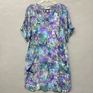 Go Fish Batik Floral Shift Dress Women Medium Purple Teal Rayon Pocket V-Neck